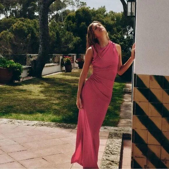 Zara | Dresses | Zara Maxi Hot Pink Rucheddress | Poshmark